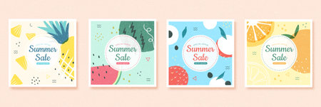 Abstract pastel tropical fruit summer sale template set with pineapple, watermelon, lychee and orange.のイラスト素材