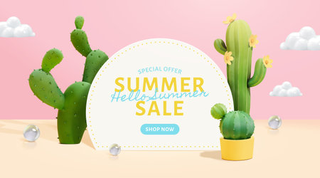 Summer sale promotion template display board surrounded by cacti, glass sphere decors and pink sky backgroundのイラスト素材