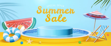 Summer sale promotion template with display podium in swimming pool surrounded by beach objects. Including watermelon lilo bed, inflatable ring, beach ball, beach chair and parasol.のイラスト素材