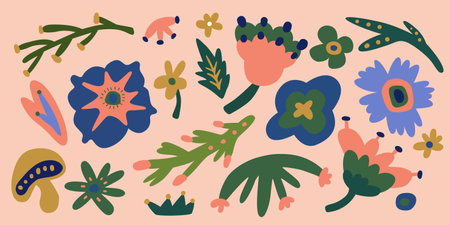 Retro floral pattern in doodle drawing style on pink background. Suitable for spring season wallpaper, fabric prints, and design templatesのイラスト素材