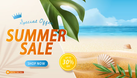 Summer sale ad banner template. Composition of summer sale title on serene seaside background with tropical leaves and seashell.のイラスト素材