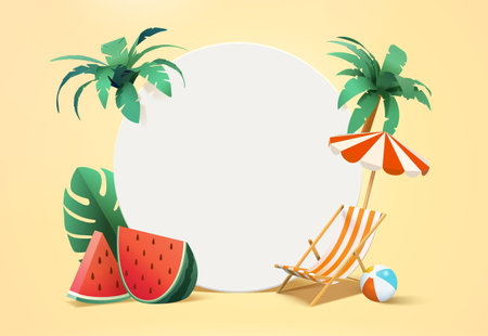 Paper art style copy space white round board surrounded by beach object decor. Composition of sliced watermelons, tropical leaf, palm trees, parasol, beach chair and ball.のイラスト素材
