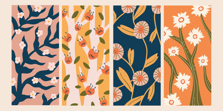 Vintage abstract set of floral patterns in doodle drawing style on pink background. Suitable for spring season wallpaper, fabric prints, and design templatesのイラスト素材