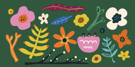 Playful floral pattern in doodle drawing style on dark green background. Suitable for spring season wallpaper, fabric prints, and design templatesのイラスト素材