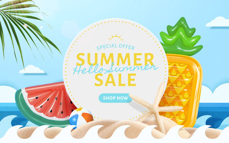 Sunny beach summer sale promotion template. Round label on sand with tropical fruit lilos, beach ball, starfish, ocean waves and tropical leaf around.のイラスト素材