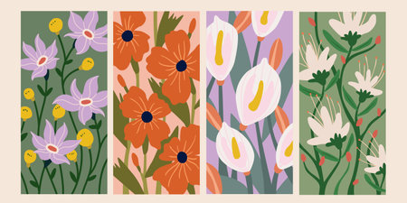 Elegant set of floral patterns in hand drawn style on beige background. Suitable for spring season wallpaper, fabric prints, and design templatesのイラスト素材