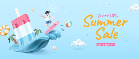3D Playful summer sale banner template with boy surfing on melting ice pop waves. Inflatable ring, starfish, beach ball, seashell and cloud decor floating around on light blue background.のイラスト素材
