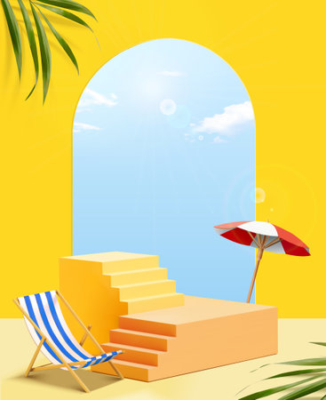 Vibrant yellow display staircase surrounded by beach chair, and parasol tropical. Arch door overlooks sunny blue sky in the back.のイラスト素材