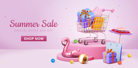 Pink theme summer sale promotion template. Shopping cart with gift and bags on display podium surrounded by flamingo pool float, beach ball, present, shopping bag and parasol.のイラスト素材
