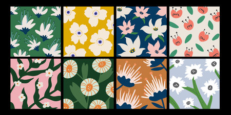 Retro set of square abstract floral patterns in hand drawn style. Suitable for spring season, fabric prints, and cards templatesのイラスト素材