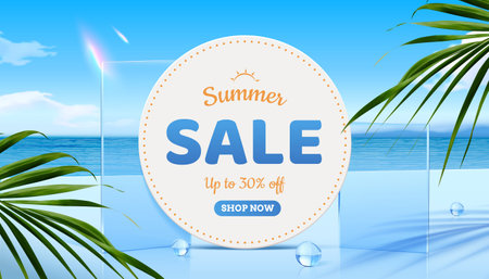 Summer sale promotion round board surrounded by glass sheets, sphere and tropical leaves. Refreshing ocean background with clear blue sky.のイラスト素材