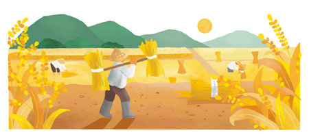 Hand drawn style hardworking farmers harvesting and carrying shoulder pole tied with sheaf in rice field.のイラスト素材