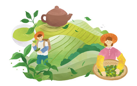 Hand drawn style tea farmers collecting tea leaves and holding bamboo tray in terraced fields. Giant tea pot and tea cup on the top of mountain with leaves flying in the air.のイラスト素材
