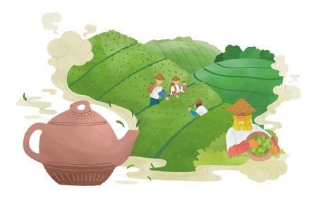 Hand drawn style steam from traditional teapot forming illustration of tea farmers collecting tea leaves in tea fields.のイラスト素材