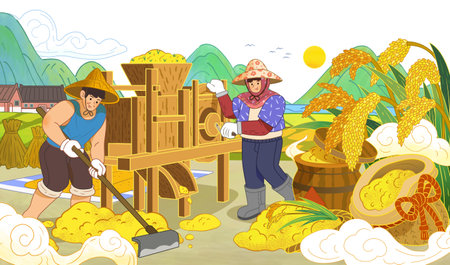 Hand drawn style farmers milling and collecting rice grains. Scenic view of golden rice field, sun, mountains and village.のイラスト素材