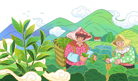 Hand drawn style tea farmers collecting tea leaves in the misty tea field with mountains in the background.のイラスト素材