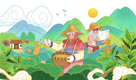 Hand drawn style tea farmers fertilizing the field. Scenic view of sunny tea plantation near the village with mountains in the back.のイラスト素材