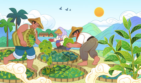 Hand drawn style tea farmers putting tea leaf in bamboo tray for sun drying. Scenic landscape of sunny and misty rustic mountains and field in the background.のイラスト素材