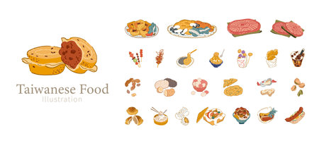 Taiwanese street food element set. Hand drawn style night market street foods, sweet desserts, snacks and drink isolated on white background.のイラスト素材