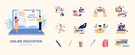 Cute flat design element set of online education. Including tutorial video, webinar, e learning and online business training.のイラスト素材