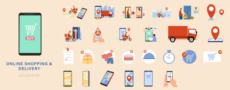 Flat style element set of online shopping and delivery service. Concept of convenient online shopping and delivery service.のイラスト素材