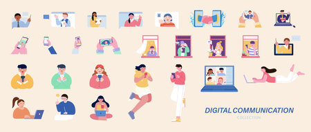 Cute flat design element set of people using digital device to stay in touch. Concept of online education, social media active, sharing and communicate through digital deviceのイラスト素材