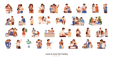 Cute flat design love and caring family element set. Adorable activities and interaction among daily life of happy families.のイラスト素材
