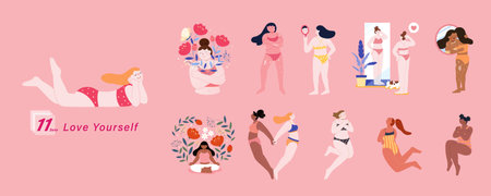 Cute hand drawn style element set of love yourself. Multi ethnic women in bikini embracing themselves. Concept of acceptance, self love and body positivity.のイラスト素材