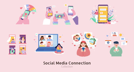 Cute flat design element set of social media connection with friends. People chatting with app and active on social media via electronic devices.のイラスト素材
