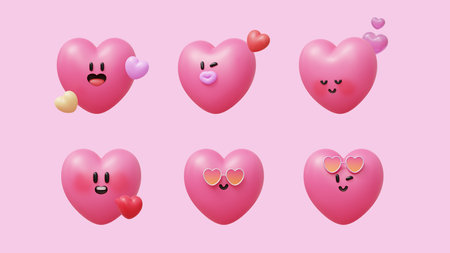 3D playful heart shape elements with different facial expressions isolated on light pink background.の写真素材