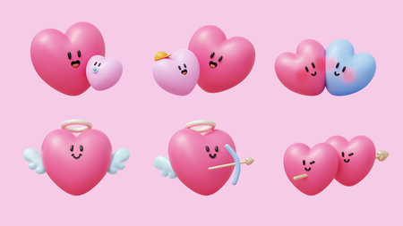 3D lovely heart shape elements with different facial expressions isolated on light pink background.の写真素材