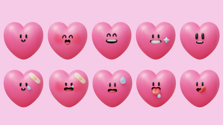 3D adorable heart shape elements with different facial expressions isolated on light pink background.の写真素材