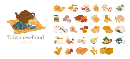 Taiwanese classic food element set. Hand drawn style delicious food, sweet desserts, old school snacks and tea set isolated on white background.の写真素材