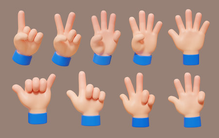 3D cartoon hand gestures of fingers counting numbers isolated on taupe brown background. Suitable for social media or app useの写真素材