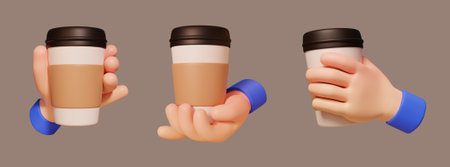 3D cartoon hand with coffee cup icon set. Hands holding take out paper cups in different ways. Suitable for social media or app useの写真素材