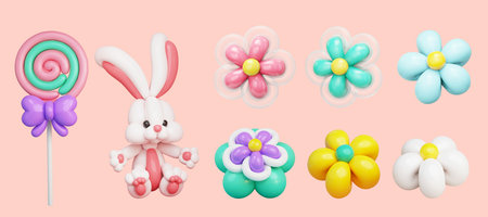 3D colorful balloon art with lollipop, bunny and flowers isolated on light pink background. Suitable for birthday party and carnival event.の写真素材