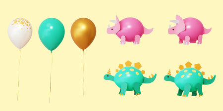 3D cute dinosaur theme and round balloons isolated on light yellow background. Suitable for birthday celebration design.の写真素材