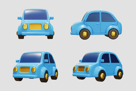 3D blue toy cars isolated on light gray background. Car mockups display in side, front, rear viewの写真素材