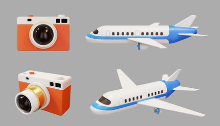 3D Cameras and airplanes in different view isolated on gray background.の写真素材