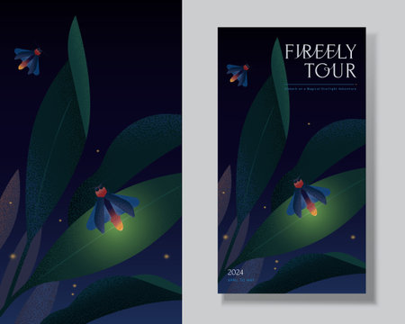 Glowing fireflies resting on green leaves in natural habitat surrounded by yellow sparkles. Serene firefly tour event poster isolated on light gray background.のイラスト素材