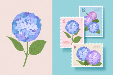 Hand drawn elegant hydrangea postage stamp collection on light cyan background. Blue and purple hydrangea element isolated on baby pink background.のイラスト素材