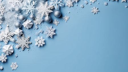 White snowflakes, silver bauble ornament and glitter on light blue background. Created with Generative AI technologyの素材