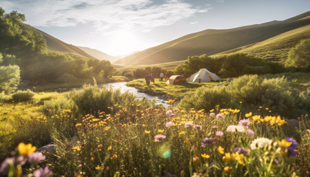 Beautiful sunny mountains landscape with people camping by the river and romantic flowers. Created with Generative AI technologyの素材