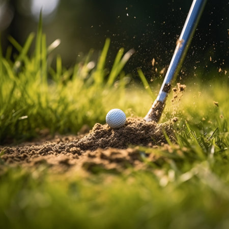 Close up of club hitting golf ball on bunker on grass lawn. Created with Generative AI technologyの素材