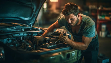 A mechanic fixing car engine in auto repair shop. Created with Generative AI technologyの素材