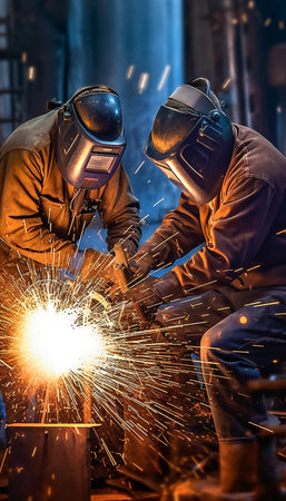 Two men in industrial clothes, leather gloves and grinding mask welding metal. Created with Generative AI technologyの素材