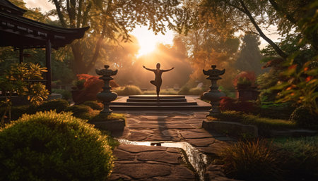 Person practicing yoga on top of staircase in the garden with beautiful sunlight. Created with Generative AI technologyの素材