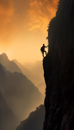Climber ascending on a steep mountain. Beautiful gradient sunset and cascading mountains background. Created with Generative AI technologyの素材