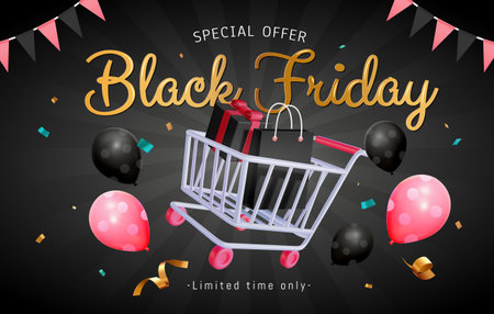 Black Friday promo banner with shopping cart and party decors on black ray backgroundのイラスト素材