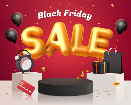 3D Black Friday sale banner with black display podium surrounded by party decors on red backgroundのイラスト素材